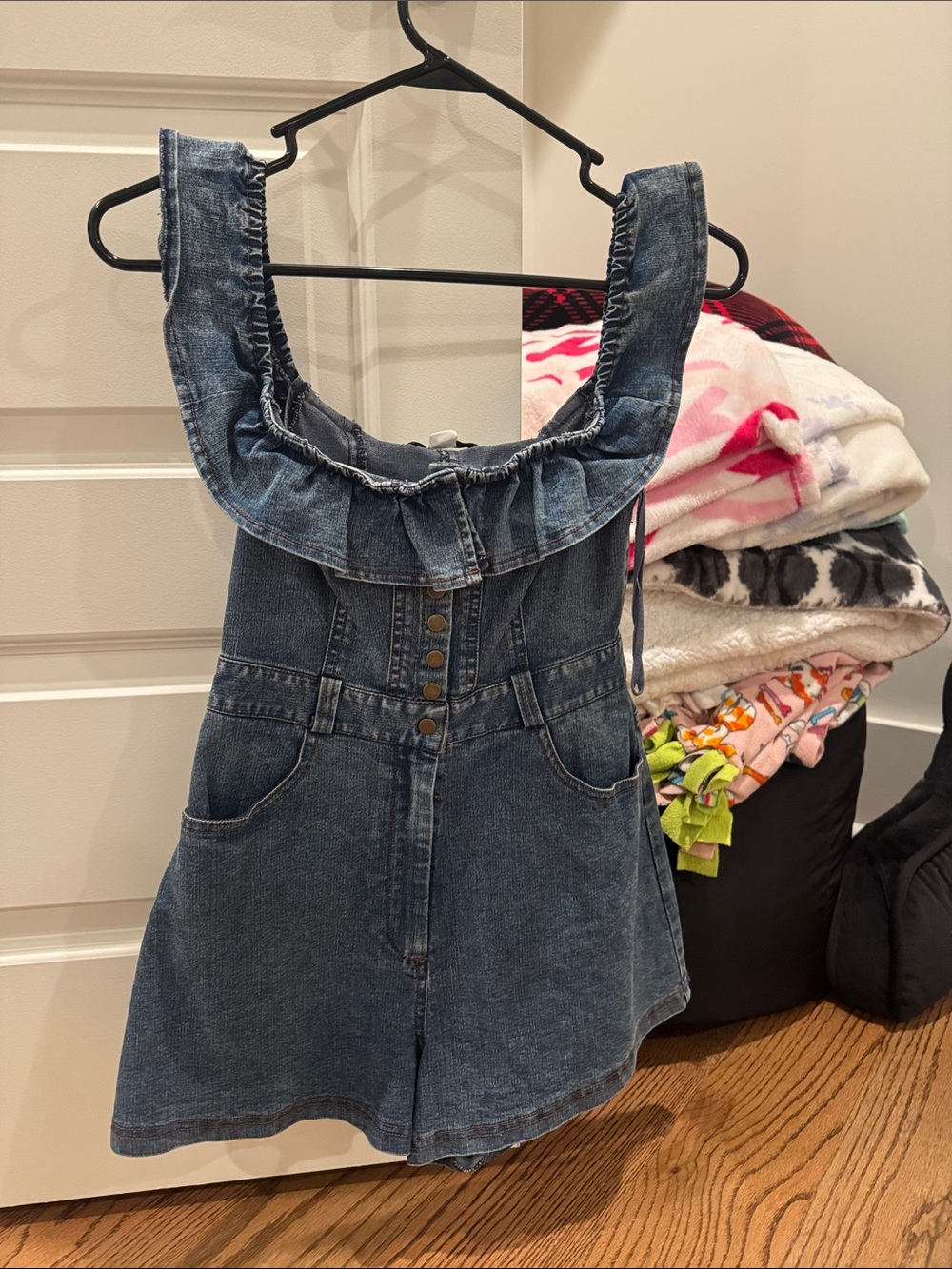 Kimchi Blue Denim Ruffle-Trim Romper - Blue